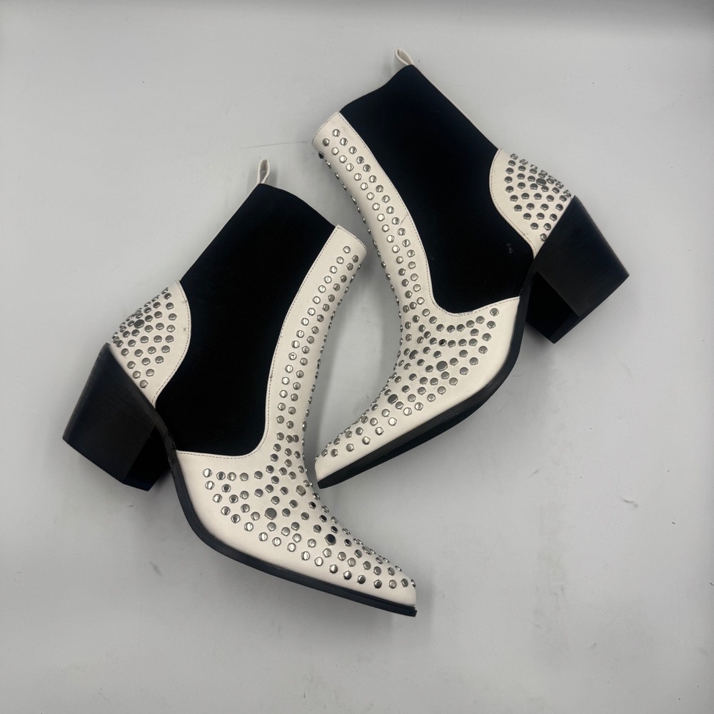 Shu Shop Zsazsa White Black Studded Western Chelsea Ankle Boots Size 6.5